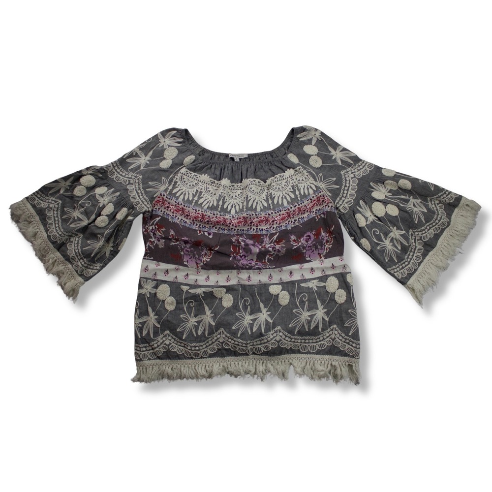 John Mark Boho Peasant Top Embroidered Lace Fringe Bell Sleeve Women Gray S